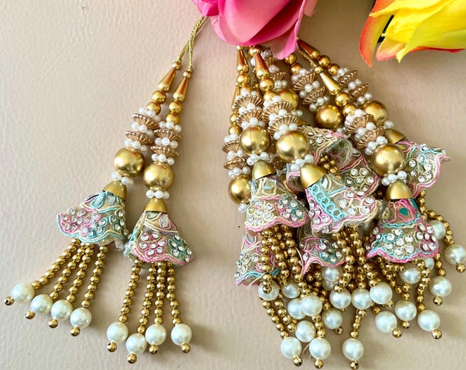 Designer Pastel Embroidered Latkan | Pearl and Gold Tassel for Lehenga, Dupatta | Set of 2 Tassels