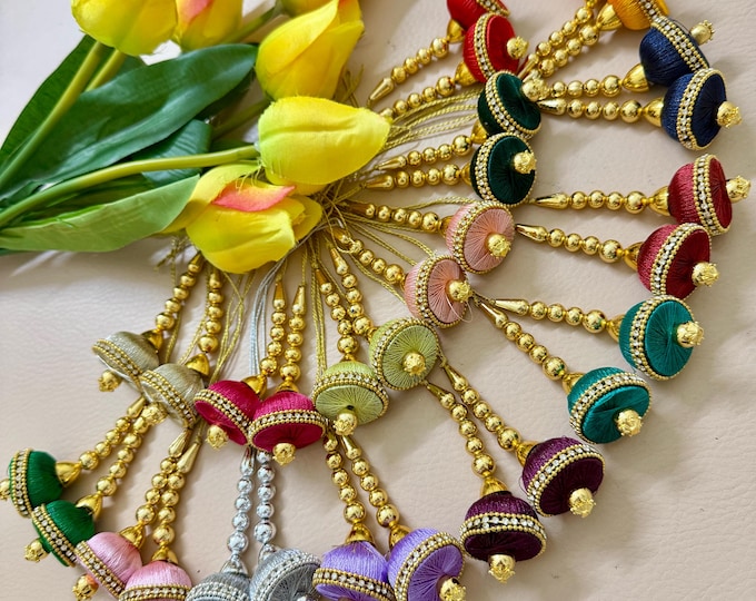 Handmade Silk Thread Tassel Pair, Gold Bead Dupatta Latkan - Set of 2