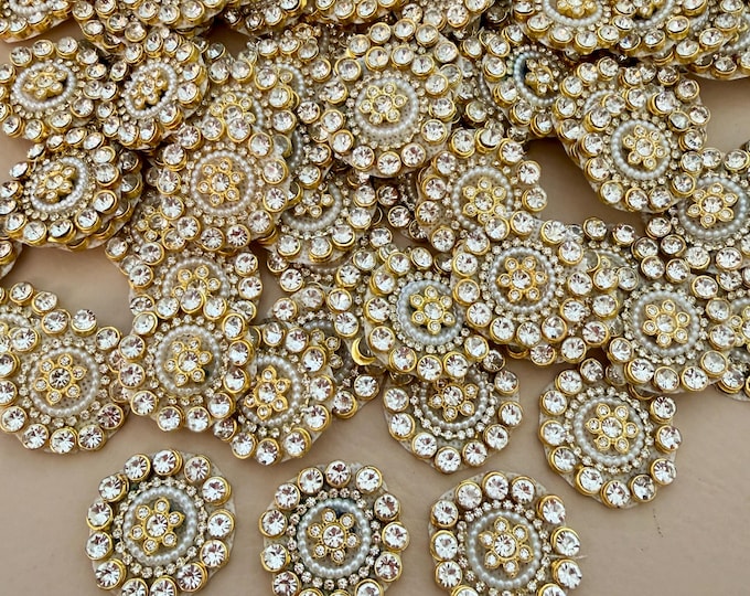 White Pearl Crystal Kundan Patches, Round Floral Appliques (10 Pcs )