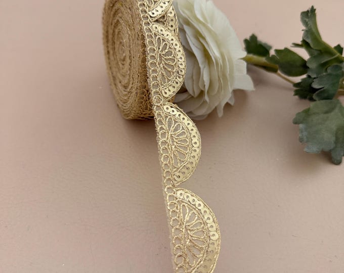 Gold Scalloped Sequin Lace Trim - 1.5 Inch Wide - 9 Yard Roll