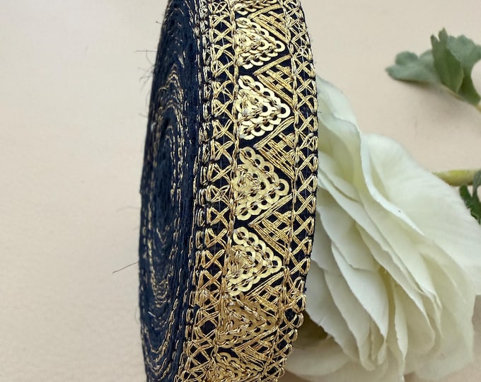 Black Gold Embroidered Trim, Sequin Lace Border, Ethnic Sewing Ribbon - 9 Yards Roll