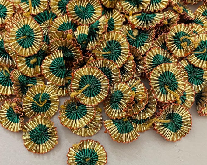 100 Green & Gold Gota Flowers, Indian Fabric Appliques