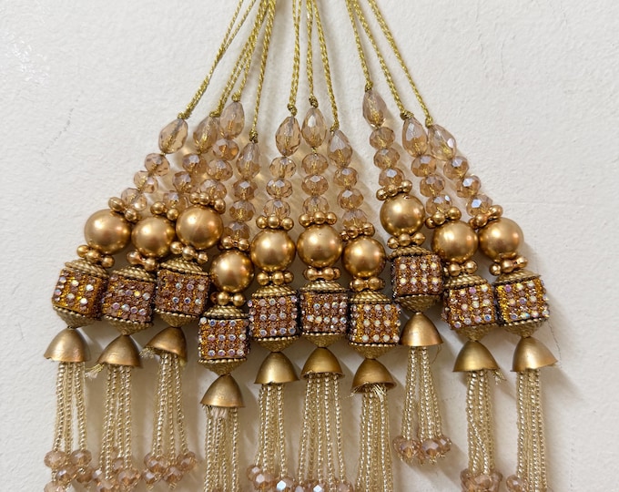Gold Stone Long Latkan Bridal Blouse Crystal Bead Tassels - Set of 2