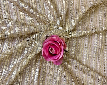Gold Sequin Embroidered Net Fabric by Yard – Indian Wedding Lehenga Dress Material