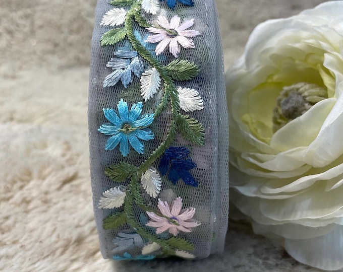 Floral Embroidered Net Trim, Pastel Flower Lace, Gray Organza Ribbon - 9 Yards