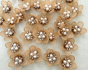 Pearl Flower Embellishments Gold Floral Cabochons, DIY Jewelry Craft Supplies – Pack of 5