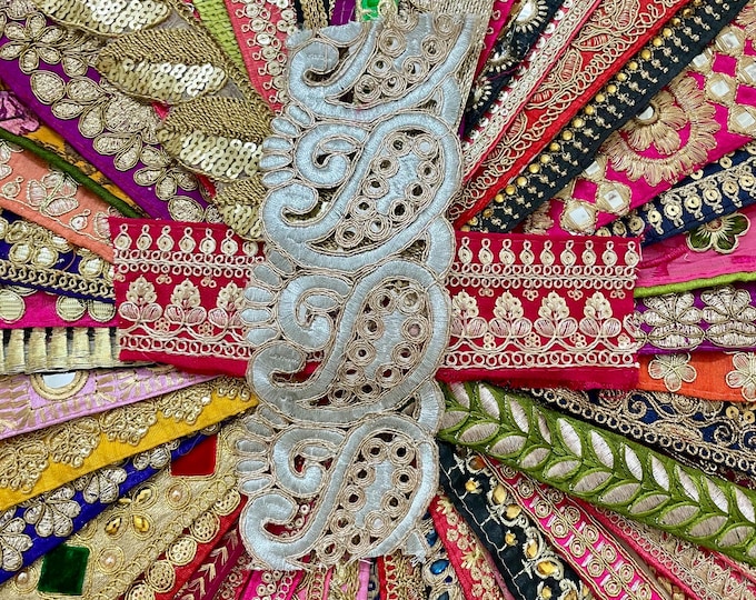 50 Pcs Pack Of Assorted Indian Trim Scraps Bag, Zari Lace, Velvet & Mirror, Craft Bundle