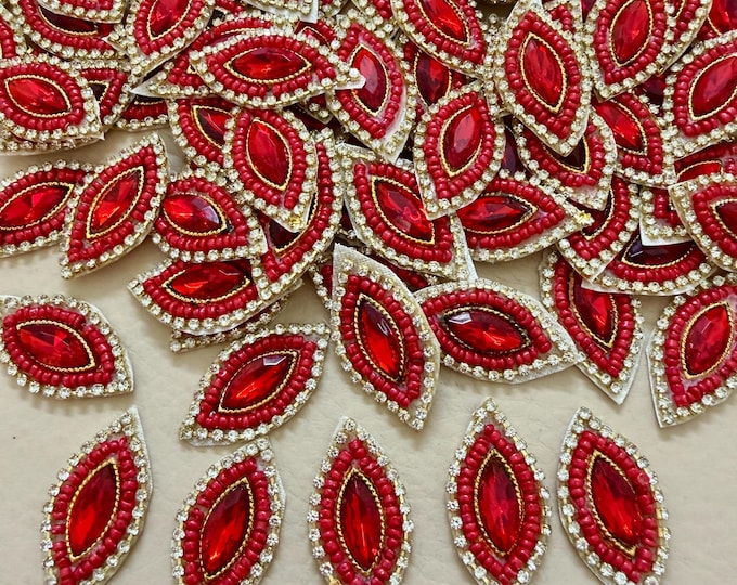 Red Navette Rhinestone Patches Beaded Marquise Appliques – Pack of 25