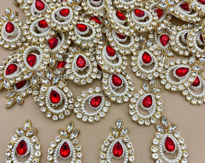 Red Stone Pearl Kundan Patches | Tear Drop Embellished Sewing Motifs | Pack of 5