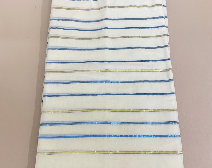 Blue Gold Stripe Pure Cotton Fabric by Yard : Width 42 inches