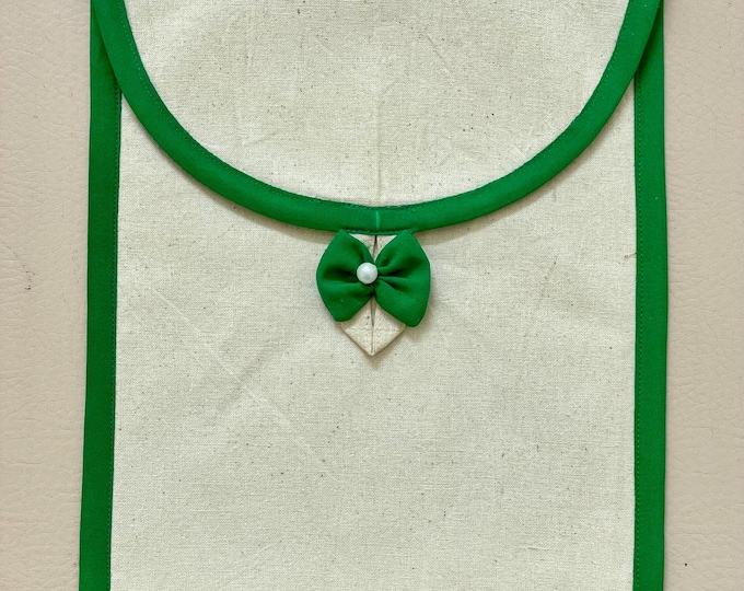Handmade Cotton Storage Pouch | Green Trim & Pearl Bow