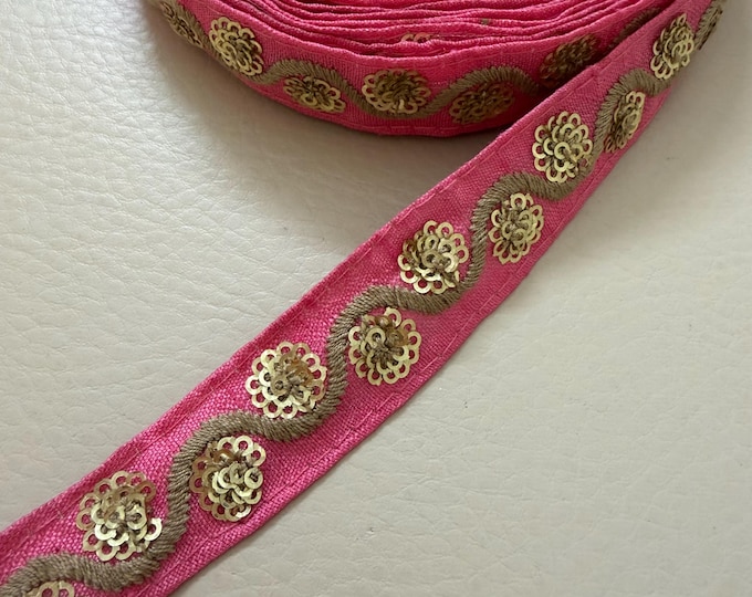 Pink Sequin Embroidered Trim: Golden Floral Lace, 9 Yards