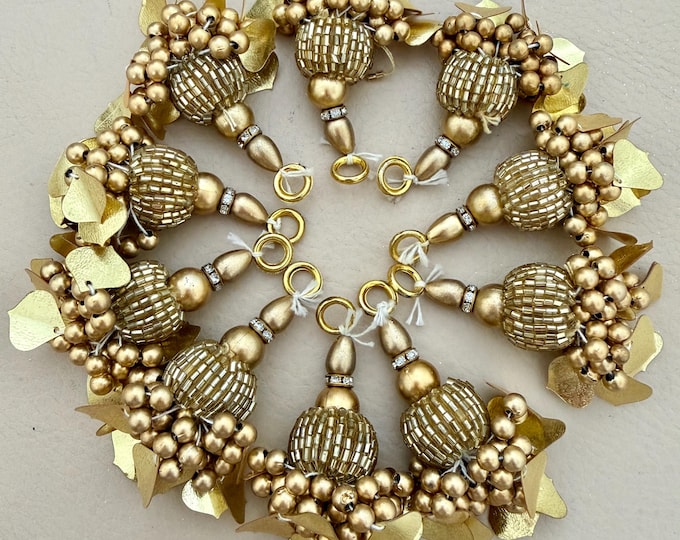Gold Antique Beaded Tassels, Metallic Leaf Latkan Charms – Pack of 10