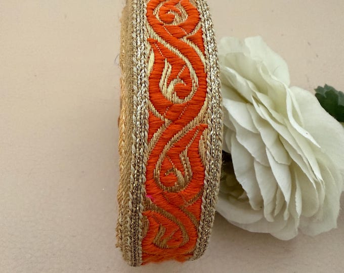 Orange Gold Paisley Embroidered Trim Ribbon - 9 Yard Roll