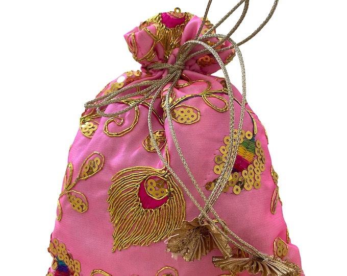 Handmade Draw String Bag Pink Embroidered Fabric Potli Bags