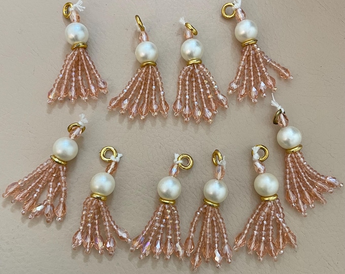 10 Pcs Crystal Beaded Tassels with Pearl, Indian Latkan Embellishments, Jewelry Making Charm