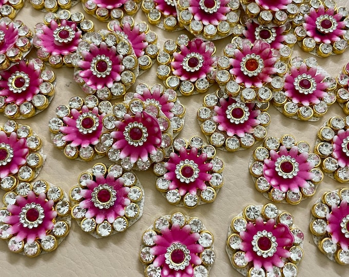 Pack of 10 Pink Rhinestone Flower Patches, 3D Floral Crystal Appliques for DIY Crafts