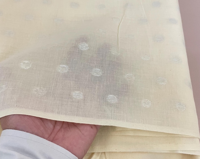 Ivory Pure Cotton Fabric by the Yard, Silver Polka Dot Zari: Width 42 inches