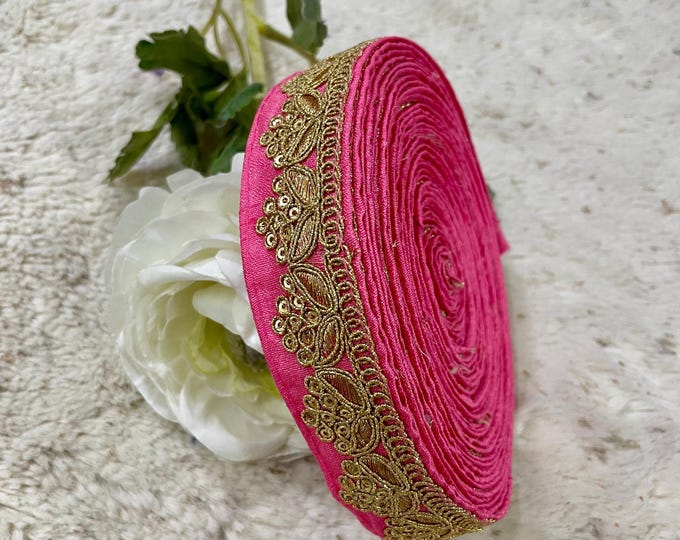Pink and Gold Indian Lace Trim: Floral Paisley, 9 Yards