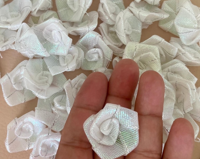 White Organza Rose Appliques, Shimmering Iridescent Fabric Flowers, 25 Pieces