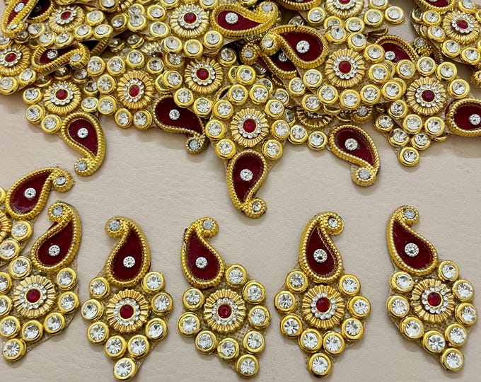 Maroon Paisley Rhinestone Appliques, Gold Zardosi Indian Embellishments, Set of 10
