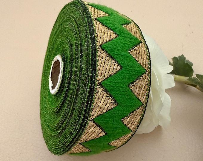 Green Gold Chevron Zari Ribbon, Velvet Fabric Border Trim, Indian Festive Sewing Supply