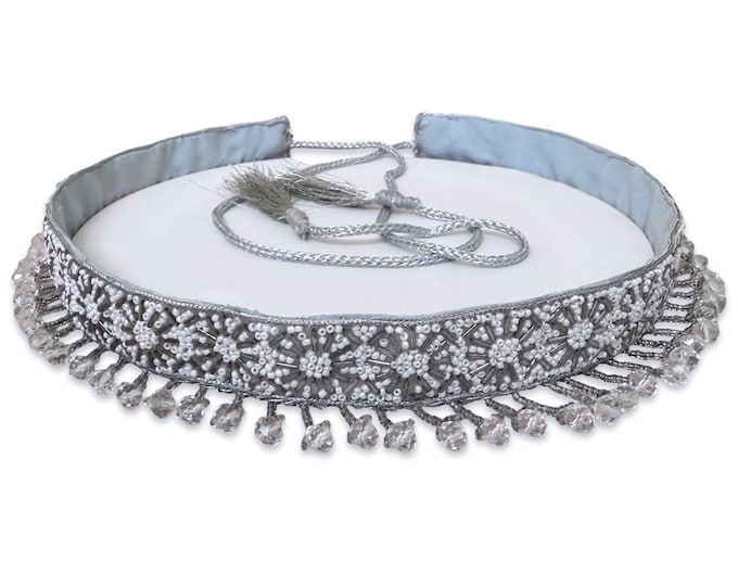 Silver Beaded Waist Belt with Crystal Tassels Bridal Lehenga Saree Kamarbandh