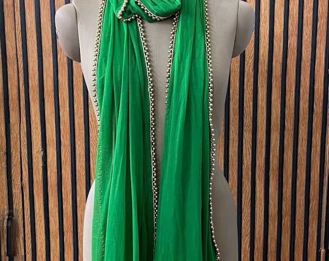 Green Net Dupatta, Sequins Embroidered Wedding Shawl