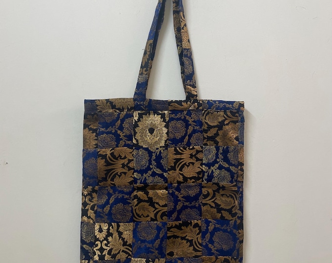 Blue & Gold Brocade Tote Bag – Upcycled Patchwork Silk  Damask Shoulder Bag