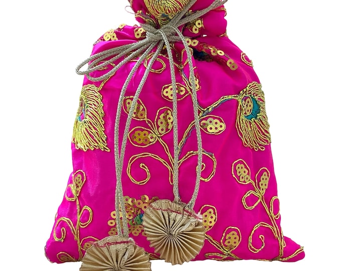 Drawstring Bag Fuchsia Pink Embroidered Fabric Wedding Favors Traditional Travel Organiser Pouch