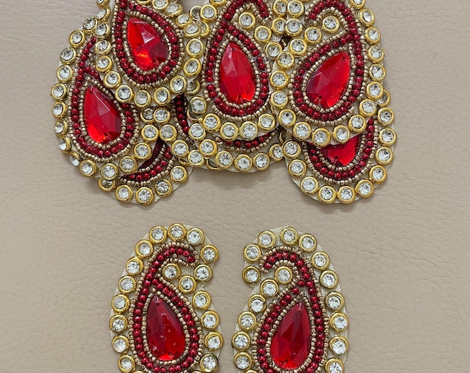 Red Kundan Paisley Beaded Patches – Pair (2 pcs) | Bridal Stone Applique