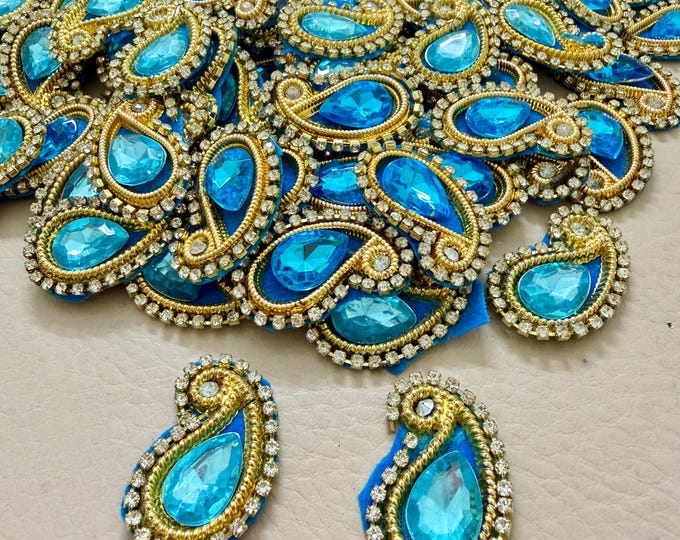 Turquoise & Gold Paisley Appliques - Rhinestone Beaded Patches - 25 Pcs Pack