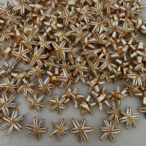 May include: A collection of small, star-shaped ornaments with a metallic gold and silver finish. The ornaments are arranged in a scattered pattern, with a mix of gold and silver tones. These decorative stars could be used for crafts or holiday decorations.
