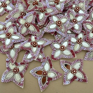10pc Pink Mirror Four-Point Star Appliques, 1.75" Embroidered Shimmer Patches for Sewing & Crafts.