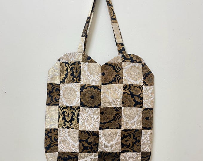 Vintage Patchwork Tote Bag, Upcycled Gold and Black Damask Boho Shoulder Bag