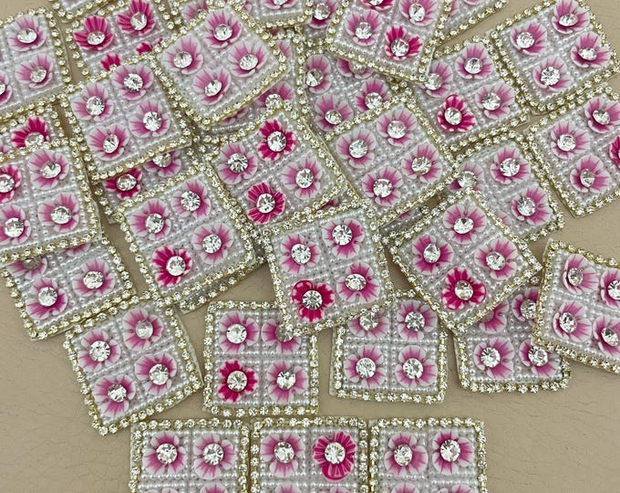 Pink Pearl Rhinestone Floral Applique Patches, Ethnic Trim (25 Pcs)