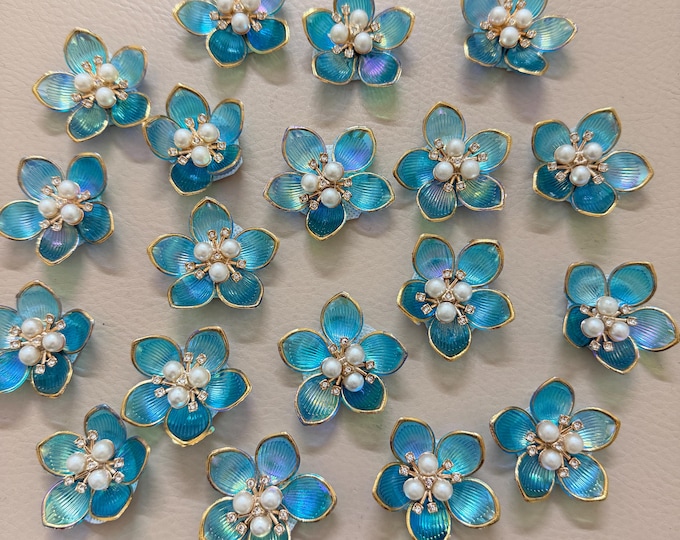Blue Iridescent Flower Applique Patches – Pack of 5