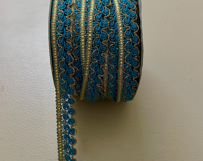Turquoise Gold Gimp Braid Scalloped Metallic Trim, Ornate Loopy Ribbon for Sewing - 3 Yards