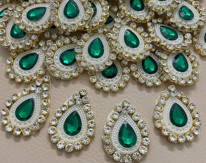 Emerald Green Teardrop Rhinestone & Pearl Beaded Appliques - 10 Pieces