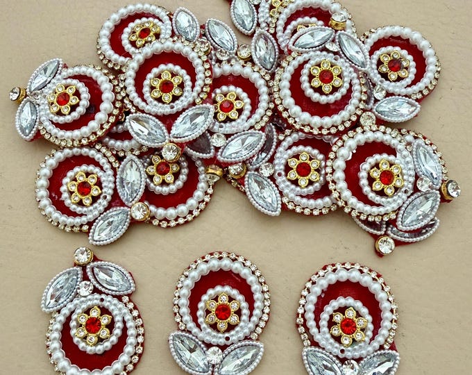 Red & Pearl Kundan Patches Embroidered Motifs for Motifs Pack of 10