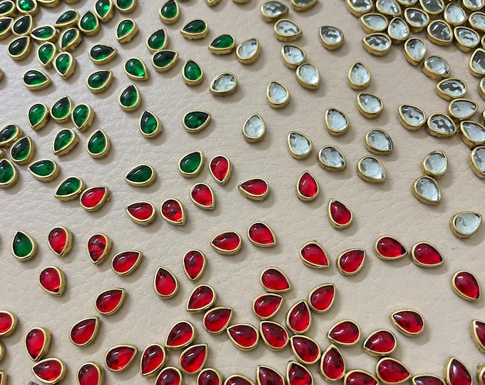 50 Teardrop Kundan Stones - Gold Plated Brass, Jewelry Making