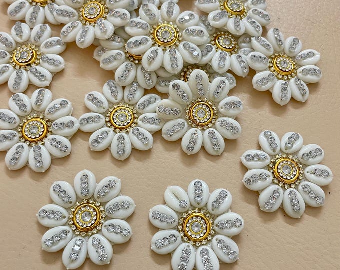 3D White Beaded Flower Appliques, Rhinestone Gold Center, Bridal Trim (Pack of 5)