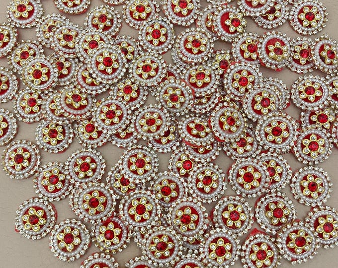 Red Rhinestone Pearl Appliques, Gold Embroidery Floral Patches, Bridal Embellishments, Pack of 25