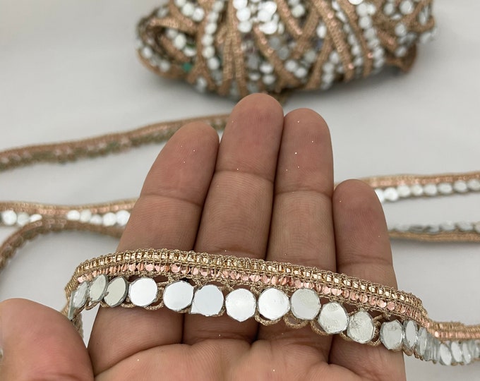 Mirror Work Embroidery Trim Lace – Gold Border for Crafts & Decor (9 Yards)