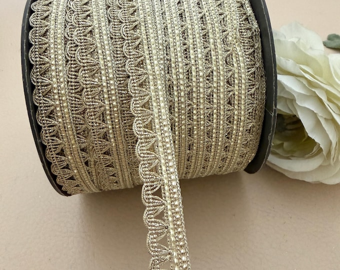 Gold Beaded Lace Trim Scalloped Embroidered Border - 9-Yard Roll