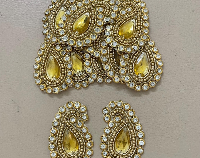 Gold Yellow Kundan Paisley Beaded Patches – Pair (2 pcs) | Bridal Stone Applique for Lehenga, Saree Blouse, Gown & Couture Wear