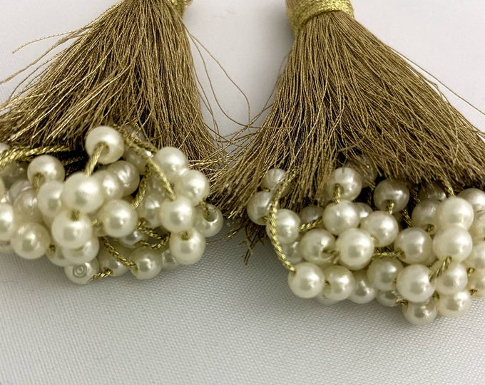 Antique Gold Pearl Tassels: Fringed Latkan for Sewing & Embellishment Set of 2 Tassel