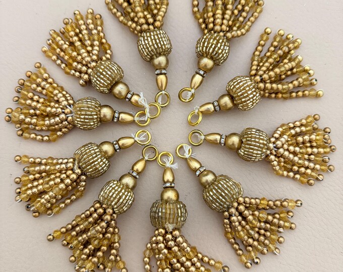 Antique Gold Beaded Tassels, Crystal Fringe Latkan Charms – Pack of 10