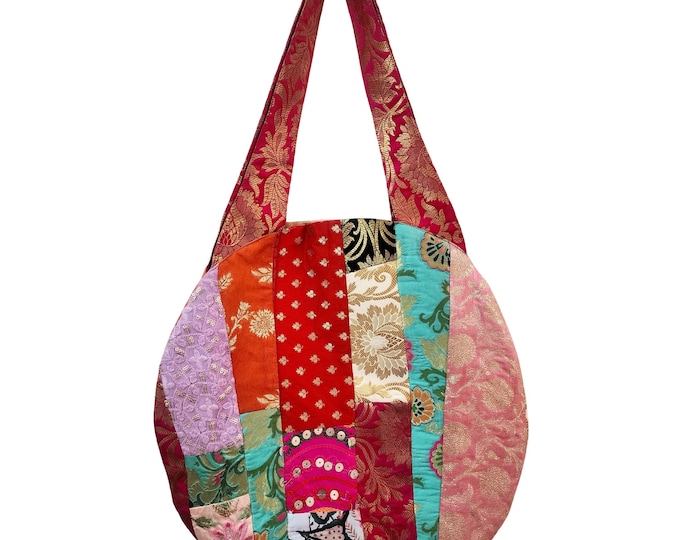Boho Patchwork Tote Bag | Upcycled Silk, Round Shoulder Bag