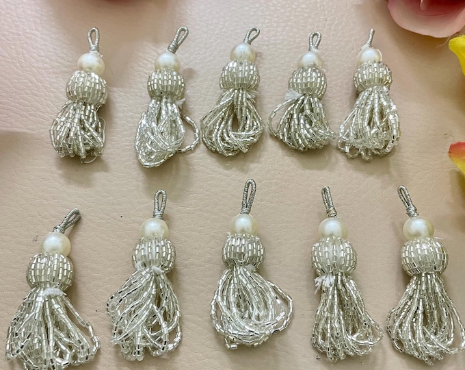 Silver Bugle Bead Tassels, Bridal Embellishments, DIY Craft Supply (10 Pcs)